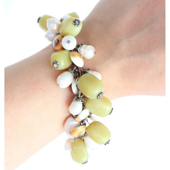 Tess Klein Women's Green Funky Charm Bracelet 9" 925 Canada Gemstone Pearls $475 - Picture 1 of 8